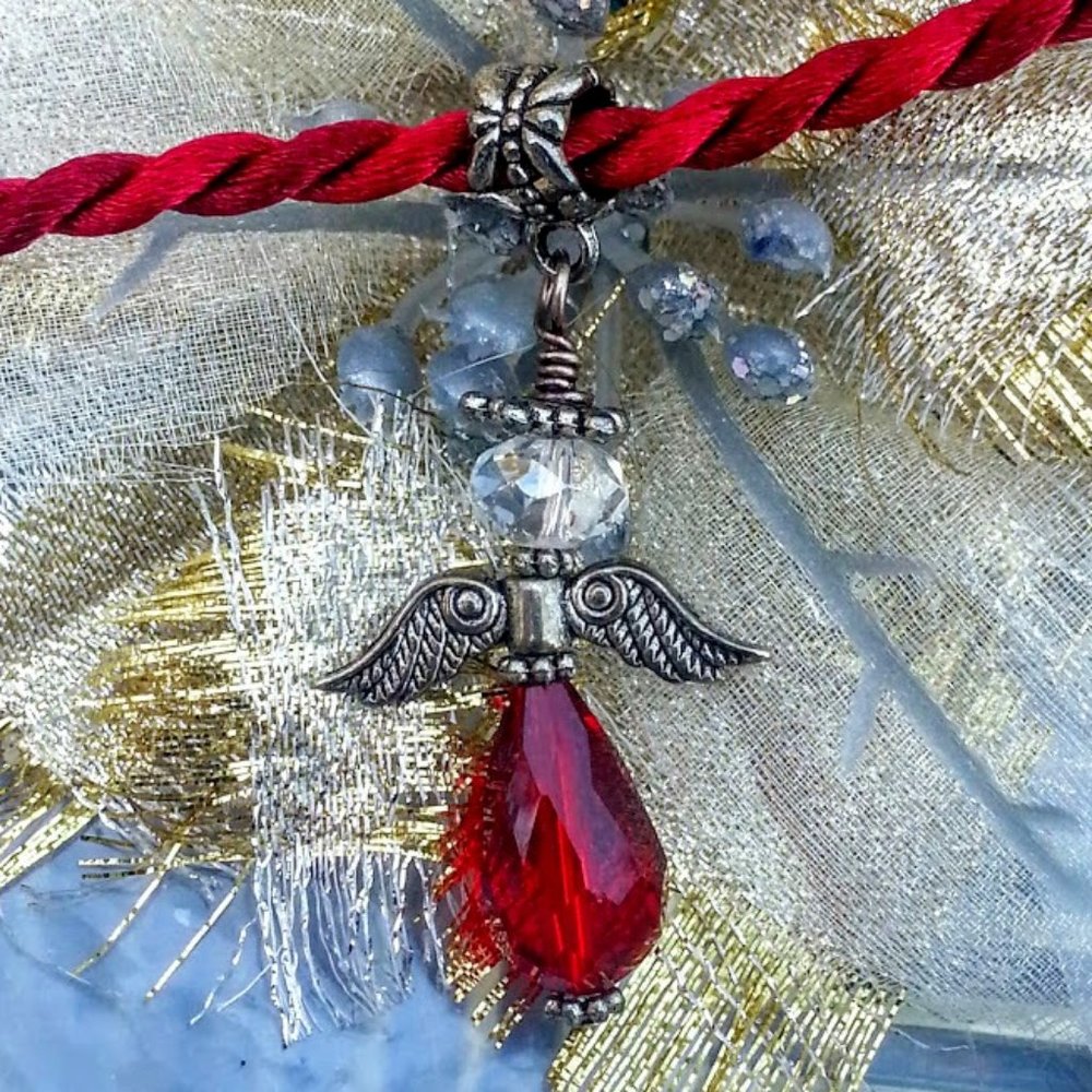 Christmas Angel red & clear crystal pendant on red cord necklace 2"